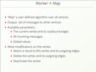 Worker ˆ= Map
“Map” a user-deﬁned algorithm over all vertices
Output: set of messages to other vertices
Available parameters:
The current vertex and its outbound edges
All incoming messages
Global values
Allow modiﬁcations on the vertex:
Attach a result to this vertex and its outgoing edges
Delete the vertex and its outgoing edges
Deactivate the vertex
 
