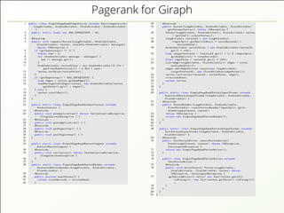 Pagerank for Giraph
1 public class SimplePageRankComputation extends BasicComputation <
LongWritable , DoubleWritable , FloatWritable , DoubleWritable >
{
2 public static final int MAX_SUPERSTEPS = 30;
3
4 @Override
5 public void compute(Vertex <LongWritable , DoubleWritable ,
FloatWritable > vertex , Iterable <DoubleWritable > messages)
throws IOException {
6 if (getSuperstep () >= 1) {
7 double sum = 0;
8 for (DoubleWritable message : messages) {
9 sum += message.get();
10 }
11 DoubleWritable vertexValue = new DoubleWritable ((0.15f /
getTotalNumVertices ()) + 0.85f * sum);
12 vertex.setValue(vertexValue);
13 }
14 if (getSuperstep () < MAX_SUPERSTEPS) {
15 long edges = vertex.getNumEdges ();
16 sendMessageToAllEdges(vertex , new DoubleWritable(vertex.
getValue ().get() / edges));
17 } else {
18 vertex.voteToHalt ();
19 }
20 }
21
22 public static class SimplePageRankWorkerContext extends
WorkerContext {
23 @Override
24 public void preApplication () throws InstantiationException ,
IllegalAccessException { }
25 @Override
26 public void postApplication () { }
27 @Override
28 public void preSuperstep () { }
29 @Override
30 public void postSuperstep () { }
31 }
32
33 public static class SimplePageRankMasterCompute extends
DefaultMasterCompute {
34 @Override
35 public void initialize () throws InstantiationException ,
IllegalAccessException {
36 }
37 }
38 public static class SimplePageRankVertexReader extends
GeneratedVertexReader <LongWritable , DoubleWritable ,
FloatWritable > {
39 @Override
40 public boolean nextVertex () {
41 return totalRecords > recordsRead;
42 }
44 @Override
45 public Vertex <LongWritable , DoubleWritable , FloatWritable >
getCurrentVertex () throws IOException {
46 Vertex <LongWritable , DoubleWritable , FloatWritable > vertex
= getConf ().createVertex ();
47 LongWritable vertexId = new LongWritable(
48 (inputSplit.getSplitIndex () * totalRecords) +
recordsRead);
49 DoubleWritable vertexValue = new DoubleWritable(vertexId.
get() * 10d);
50 long targetVertexId = (vertexId.get() + 1) % (inputSplit.
getNumSplits () * totalRecords);
51 float edgeValue = vertexId.get() * 100f;
52 List <Edge <LongWritable , FloatWritable >> edges = Lists.
newLinkedList ();
53 edges.add(EdgeFactory.create(new LongWritable(
targetVertexId), new FloatWritable(edgeValue)));
54 vertex.initialize(vertexId , vertexValue , edges);
55 ++ recordsRead;
56 return vertex;
57 }
58 }
59
60 public static class SimplePageRankVertexInputFormat extends
GeneratedVertexInputFormat <LongWritable , DoubleWritable ,
FloatWritable > {
61 @Override
62 public VertexReader <LongWritable , DoubleWritable ,
FloatWritable > createVertexReader(InputSplit split ,
TaskAttemptContext context)
63 throws IOException {
64 return new SimplePageRankVertexReader ();
65 }
66 }
67
68 public static class SimplePageRankVertexOutputFormat extends
TextVertexOutputFormat <LongWritable , DoubleWritable ,
FloatWritable > {
69 @Override
70 public TextVertexWriter createVertexWriter(
TaskAttemptContext context) throws IOException ,
InterruptedException {
71 return new SimplePageRankVertexWriter ();
72 }
73
74 public class SimplePageRankVertexWriter extends
TextVertexWriter {
75 @Override
76 public void writeVertex( Vertex <LongWritable ,
DoubleWritable , FloatWritable > vertex) throws
IOException , InterruptedException {
77 getRecordWriter ().write( new Text(vertex.getId().
toString ()), new Text(vertex.getValue ().toString ()))
;
78 }
79 }
80 }
81 }
 