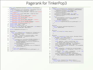 Pagerank for TinkerPop3
1 public class PageRankVertexProgram implements VertexProgram <
Double > {
2 private MessageType.Local messageType = MessageType.Local.of
(() -> GraphTraversal.<Vertex >of().outE());
3 public static final String PAGE_RANK = Graph.Key.hide("gremlin
.pageRank");
4 public static final String EDGE_COUNT = Graph.Key.hide("
gremlin.edgeCount");
5 private static final String VERTEX_COUNT = "gremlin.
pageRankVertexProgram.vertexCount";
6 private static final String ALPHA = "gremlin.
pageRankVertexProgram.alpha";
7 private static final String TOTAL_ITERATIONS = "gremlin.
pageRankVertexProgram.totalIterations";
8 private static final String INCIDENT_TRAVERSAL = "gremlin.
pageRankVertexProgram.incidentTraversal";
9 private double vertexCountAsDouble = 1;
10 private double alpha = 0.85d;
11 private int totalIterations = 30;
12 private static final Set <String > COMPUTE_KEYS = new HashSet <>(
Arrays.asList(PAGE_RANK , EDGE_COUNT));
13
14 private PageRankVertexProgram () {}
15
16 @Override
17 public void loadState(final Configuration configuration) {
18 this.vertexCountAsDouble = configuration.getDouble(
VERTEX_COUNT , 1.0d);
19 this.alpha = configuration.getDouble(ALPHA , 0.85d);
20 this.totalIterations = configuration.getInt(
TOTAL_ITERATIONS , 30);
21 try {
22 if (configuration.containsKey(INCIDENT_TRAVERSAL)) {
23 final SSupplier <Traversal > traversalSupplier =
VertexProgramHelper.deserialize(configuration ,
INCIDENT_TRAVERSAL);
24 VertexProgramHelper.verifyReversibility(
traversalSupplier.get());
25 this.messageType = MessageType.Local.of(( SSupplier)
traversalSupplier);
26 }
27 } catch (final Exception e) {
28 throw new IllegalStateException(e.getMessage (), e);
29 }
30 }
32 @Override
33 public void storeState(final Configuration configuration) {
34 configuration.setProperty(GraphComputer.VERTEX_PROGRAM ,
PageRankVertexProgram.class.getName ());
35 configuration.setProperty(VERTEX_COUNT , this.
vertexCountAsDouble);
36 configuration.setProperty(ALPHA , this.alpha);
37 configuration.setProperty(TOTAL_ITERATIONS , this.
totalIterations);
38 try {
39 VertexProgramHelper.serialize(this.messageType.
getIncidentTraversal (), configuration ,
INCIDENT_TRAVERSAL);
40 } catch (final Exception e) {
41 throw new IllegalStateException(e.getMessage (), e);
42 }
43 }
44
45 @Override
46 public Set <String > getElementComputeKeys () {
47 return COMPUTE_KEYS;
48 }
49
50 @Override
51 public void setup(final Memory memory) {
52
53 }
54
55 @Override
56 public void execute(final Vertex vertex , Messenger <Double >
messenger , final Memory memory) {
57 if (memory.isInitialIteration ()) {
58 double initialPageRank = 1.0d / this.vertexCountAsDouble
;
59 double edgeCount = Double.valueOf ((Long) this.
messageType.edges(vertex).count().next());
60 vertex.singleProperty(PAGE_RANK , initialPageRank);
61 vertex.singleProperty(EDGE_COUNT , edgeCount);
62 messenger.sendMessage(this.messageType , initialPageRank
/ edgeCount);
63 } else {
64 double newPageRank = StreamFactory.stream(messenger.
receiveMessages(this.messageType)).reduce (0.0d, (a,
b) -> a + b);
65 newPageRank = (this.alpha * newPageRank) + ((1.0d - this
.alpha) / this.vertexCountAsDouble);
66 vertex.singleProperty(PAGE_RANK , newPageRank);
67 messenger.sendMessage(this.messageType , newPageRank /
vertex.<Double >property(EDGE_COUNT).orElse (0.0d));
68 }
69 }
70
71 @Override
72 public boolean terminate(final Memory memory) {
73 return memory.getIteration () >= this.totalIterations;
74 }
75 }
 