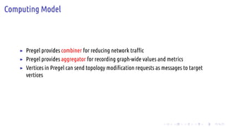 .
.
.
.
.
.
.
.
.
.
.
.
.
.
.
.
.
.
.
.
.
.
.
.
.
.
.
.
.
.
.
.
.
.
.
.
.
.
.
.
Computing Model
▶ Pregel provides combiner for reducing network traffic
▶ Pregel provides aggregator for recording graph-wide values and metrics
▶ Vertices in Pregel can send topology modification requests as messages to target
vertices
 