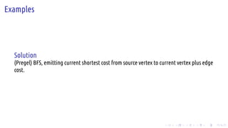 .
.
.
.
.
.
.
.
.
.
.
.
.
.
.
.
.
.
.
.
.
.
.
.
.
.
.
.
.
.
.
.
.
.
.
.
.
.
.
.
Examples
Solution
(Pregel) BFS, emitting current shortest cost from source vertex to current vertex plus edge
cost.
 