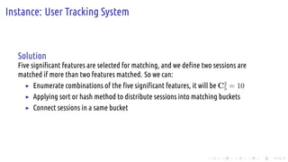 .
.
.
.
.
.
.
.
.
.
.
.
.
.
.
.
.
.
.
.
.
.
.
.
.
.
.
.
.
.
.
.
.
.
.
.
.
.
.
.
Instance: User Tracking System
Solution
Five significant features are selected for matching, and we define two sessions are
matched if more than two features matched. So we can:
▶ Enumerate combinations of the five significant features, it will be C2
5 = 10
▶ Applying sort or hash method to distribute sessions into matching buckets
▶ Connect sessions in a same bucket
 