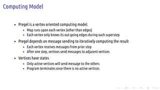 .
.
.
.
.
.
.
.
.
.
.
.
.
.
.
.
.
.
.
.
.
.
.
.
.
.
.
.
.
.
.
.
.
.
.
.
.
.
.
.
Computing Model
▶ Pregel is a vertex oriented computing model.
▶ Map runs upon each vertex (other than edges)
▶ Each vertex only knows its out-going edges during each superstep
▶ Pregel depends on message sending to iteratively computing the result
▶ Each vertex receives messages from prior step
▶ After one step, vertices send messages to adjacent vertices
▶ Vertices have states
▶ Only active vertices will send message to the others
▶ Program terminates once there is no active vertices
 
