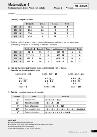 © 2002 by Santillana Educación, S. L.
OBJETIVOS:
• Conocer los términos de una división.
• Reconocer cómo varían el cociente y el resto de una división entera.
• Calcular divisiones suprimiendo ceros.
• Leer, escribir y calcular el valor de una potencia.
Matemáticas 6
Prueba de evaluación: División. Potencia y raíz cuadrada Unidad 2 Prueba A
SOLUCIONES
Nombre
7
1. Calcula y completa la tabla.
2. Haz las divisiones suprimiendo ceros en el dividendo y en el divisor.
Después, escribe el verdadero resto.
3. Calcula y completa como en el ejemplo.
• Divide y multiplica por el mismo número el dividendo y el divisor de las operaciones
anteriores y comprara el cociente y el resto en cada caso.
Dividendo Divisor Cociente Resto
184 : 12
234 : 26
338 : 14
438 : 8
184
234
338
438
12
26
14
8
15 4
9 0
24 2
54 6
Dividiendo : 2 Cociente Resto Cociente RestoMultiplicando ϫ 2
184 : 12
234 : 26
338 : 14
438 : 8
92 : 6
117 : 13
169 : 7
219 : 4
15
9
24
54
2 368 : 24 15
9
24
54
6.400 : 250 ϭ 256.300 : 400 ϭ 155.600 : 200 ϭ 28
Resto ϭ 0 Resto ϭ 300 Resto ϭ 150
8
0
4
12
0 468 : 52
1 676 : 28
3 876 : 16
Número Se lee Resultado
83
Ocho al cubo 8 ϫ 8 ϫ 8 ϭ 512
122
Doce al cuadrado 12 ϫ 12 ϭ 144
54
Cinco a la cuarta 5 ϫ 5 ϫ 5 ϫ 5 ϭ 625
106
Diez elevado a seis 10 ϫ 10 ϫ 10 ϫ 10 ϫ 10 ϫ 10 ϭ 1.000.000
45
Cuatro a la quinta 4 ϫ 4 ϫ 4 ϫ 4 ϫ 4 ϭ 1.024
5 6 2
1 6 2 8
0
6 3 4
2 3 1 5
3
6 4 0 25
1 4 0 2 5
1 5
621891.qxd 18/1/03 2:47 Página 7
 