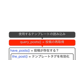 ?cat=1
have_posts() = 投稿が存在する？
the_post() = テンプレートタグを有効化
<a href= <?php the_permalink(); ?> >
<h2>
条件分岐タグの設定
デフォルト設定
データベースから投稿を取得
使用するテンプレートの読み込み
クエリーストリングの生成
32
 