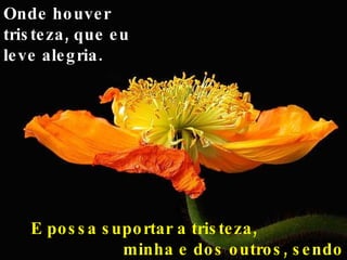 Onde houver tristeza, que eu leve alegria. E possa suportar a tristeza,  minha e dos outros, sendo alegre ainda assim. 