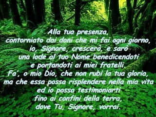 Alla tua presenza,
contorniato dai doni che mi fai ogni giorno,
        io, Signore, crescerò, e sarò
    una lode al tuo Nome benedicendoti
         e portandoti ai miei fratelli.
 Fa’, o mio Dio, che non rubi la tua gloria,
ma che essa possa risplendere nella mia vita
           ed io possa testimoniarti
          fino ai confini della terra,
          dove Tu, Signore, vorrai.
 