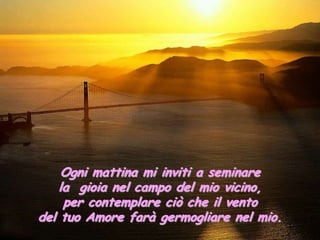 Ogni mattina mi inviti a seminare
    la gioia nel campo del mio vicino,
     per contemplare ciò che il vento
del tuo Amore farà germogliare nel mio.
 