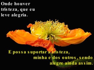 Onde houver tristeza, que eu leve alegria. E possa suportar a tristeza,  minha e dos outros, sendo alegre ainda assim. 