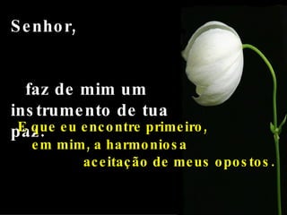 Senhor,  faz de mim um instrumento de tua paz. E que eu encontre primeiro,  em mim, a harmoniosa  aceitação de meus opostos. 