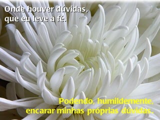 Onde houver dúvidas,  que eu leve a fé. Podendo, humildemente, encarar minhas próprias dúvidas. 