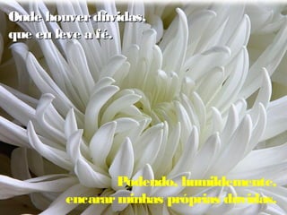 Onde houver dúvidas,
que eu leve a fé.

Podendo, humildemente,
encarar minhas próprias dúvidas.

 