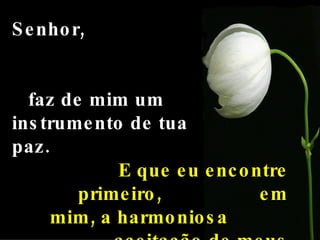 Senhor,  faz de mim um instrumento de tua paz. E que eu encontre primeiro,  em mim, a harmoniosa  aceitação de meus opostos. 