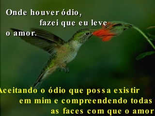 Onde houver ódio,  fazei que eu leve o amor.   Aceitando o ódio que  possa existir  em mim  e compreendendo todas  as faces com que o amor pode se expressar. 