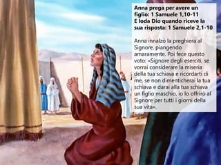 Anna prega per avere un
figlio: 1 Samuele 1,10-11
E loda Dio quando riceve la
sua risposta: 1 Samuele 2,1-10
Anna innalzò ...