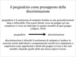il pregiudizio come presupposto della
                   discriminazione

pregiudizio è il sentimento di antipatia fondato su una generalizzazione
     falsa e inflessibile. Può essere diretto verso un gruppo nel suo
   complesso o verso un individuo in quanto membro di quel gruppo
                              (Allport, 1954)

            pregiudizio                       discriminazione

  discriminazione è allorchè il sentimento di antipatia si traduce in
concrete azioni individuali e comportamenti sociali tesi a deprimere o
 sopprimere certe opportunità e diritti del gruppo avverso e dei suoi
      membri, finanche quello della sua stessa sopravvivenza.
 