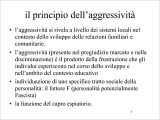 il principio dell’aggressività
• l’aggressività si rivela a livello dei sistemi locali nel
  contesto dello sviluppo delle relazioni familiari e
  comunitarie.
• l’aggressività (presente nel pregiudizio marcato e nella
  disciminazione) è il prodotto della frustrazione che gli
  individui esperiscono nel corso dello sviluppo e
  nell’ambito del contesto educativo
• individuazione di uno specifico tratto sociale della
  personalità: il fattore F (personalità potenzialmente
  Fascista)
• la funzione del capro espiatorio.
                                                    5
 