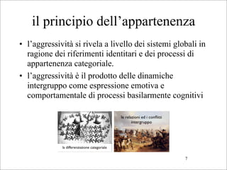 il principio dell’appartenenza
• l’aggressività si rivela a livello dei sistemi globali in
  ragione dei riferimenti identitari e dei processi di
  appartenenza categoriale.
• l’aggressività è il prodotto delle dinamiche
  intergruppo come espressione emotiva e
  comportamentale di processi basilarmente cognitivi




                                                    7
 