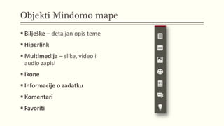 Objekti Mindomo mape
 Bilješke – detaljan opis teme
 Hiperlink
 Multimedija – slike, video i
audio zapisi
 Ikone
 Inf...