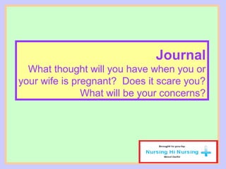 Journal
What thought will you have when you or
your wife is pregnant? Does it scare you?
What will be your concerns?
 