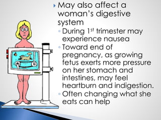  May also affect a
woman’s digestive
system
◦ During 1st trimester may
experience nausea
◦ Toward end of
pregnancy, as growing
fetus exerts more pressure
on her stomach and
intestines, may feel
heartburn and indigestion.
◦ Often changing what she
eats can help
 