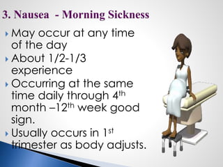 May occur at any time
of the day
 About 1/2-1/3
experience
 Occurring at the same
time daily through 4th
month –12th week good
sign.
 Usually occurs in 1st
trimester as body adjusts.
 