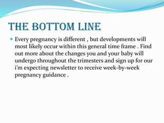 THE BOTTOM LINE
 Every pregnancy is different , but developments will
most likely occur within this general time frame . Find
out more about the changes you and your baby will
undergo throughout the trimesters and sign up for our
i’m expecting newsletter to receive week-by-week
pregnancy guidance .
 