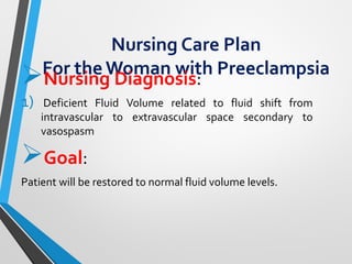 Nursing Care Plan
For the Woman with Preeclampsia
➢Nursing Diagnosis:
1) Deficient Fluid Volume related to fluid shift from
intravascular to extravascular space secondary to
vasospasm
➢Goal:
Patient will be restored to normal fluid volume levels.
 