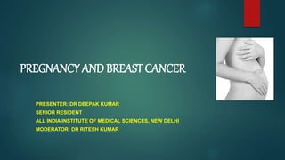 PREGNANCY AND BREAST CANCER
PRESENTER: DR DEEPAK KUMAR
SENIOR RESIDENT
ALL INDIA INSTITUTE OF MEDICAL SCIENCES, NEW DELHI
MODERATOR: DR RITESH KUMAR
 