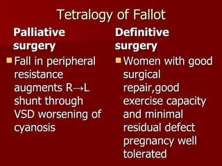Tetralogy of Fallot Palliative surgery Fall in peripheral resistance augments R->L shunt through VSD worsening of cyanosis Definitive surgery Women with good surgical repair,good exercise capacity and minimal residual defect pregnancy well tolerated 