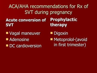 ACA/AHA recommendations for Rx of SVT during pregnancy Acute conversion of SVT Vagal maneuver Adenosine DC cardioversion Prophylactic therapy Digoxin Metoprolol-(avoid in first trimester) 