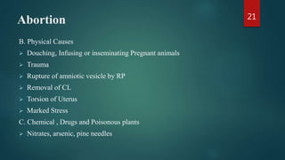 Abortion
B. Physical Causes
 Douching, Infusing or inseminating Pregnant animals
 Trauma
 Rupture of amniotic vesicle by RP
 Removal of CL
 Torsion of Uterus
 Marked Stress
C. Chemical , Drugs and Poisonous plants
 Nitrates, arsenic, pine needles
21
 