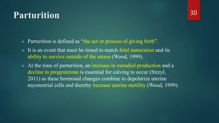 Parturition
 Parturition is defined as “the act or process of giving birth”.
 It is an event that must be timed to match fetal maturation and its
ability to survive outside of the uterus (Wood, 1999).
 At the time of parturition, an increase in estradiol production and a
decline in progesterone is essential for calving to occur (Streyl,
2011) as these hormonal changes combine to depolarize uterine
myometrial cells and thereby increase uterine motility (Wood, 1999).
30
 