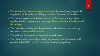  Formation of the extraembryonic membranes is an obligatory step in the
acquisition of the embryo's ability to attach to the uterus of the dam.
 The extraembryonic membranes are a set of four anatomically distinct
membranes that originate from the trophoblast, endoderm, mesoderm and
the embryo.
 The trophoblast, along with the primitive endoderm and mesoderm, give
rise to the chorion and the amnion.
 The yolk sac develops from the primitive endoderm.
 The chorion will eventually attach to the uterus, while the amnion will
provide a fluid-filled protective sac for the developing fetus.
8
 