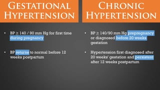 •

BP > 140 / 90 mm Hg for first time
during pregnancy

•

BP > 140/90 mm Hg prepregnancy
or diagnosed before 20 weeks
gestation

•

BP returns to normal before 12
weeks postpartum

•

Hypertension first diagnosed after
20 weeks' gestation and persistent
after 12 weeks postpartum

 