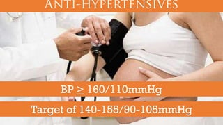 BP > 160/110mmHg
Target of 140-155/90-105mmHg

 