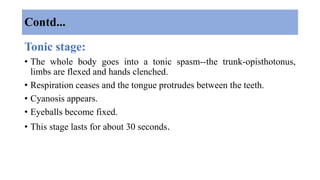 Contd...
Tonic stage:
• The whole body goes into a tonic spasm--the trunk-opisthotonus,
limbs are flexed and hands clenched.
• Respiration ceases and the tongue protrudes between the teeth.
• Cyanosis appears.
• Eyeballs become fixed.
• This stage lasts for about 30 seconds.
 