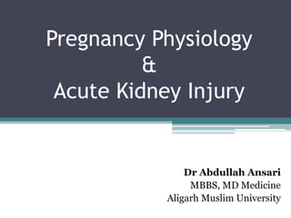 Pregnancy Physiology
&
Acute Kidney Injury
Dr Abdullah Ansari
MBBS, MD Medicine
Aligarh Muslim University
 