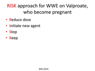 RISK approach for WWE on Valproate,
who become pregnant
• Reduce dose
• Initiate new agent
• Stop
• Keep
BMJ,2016
 