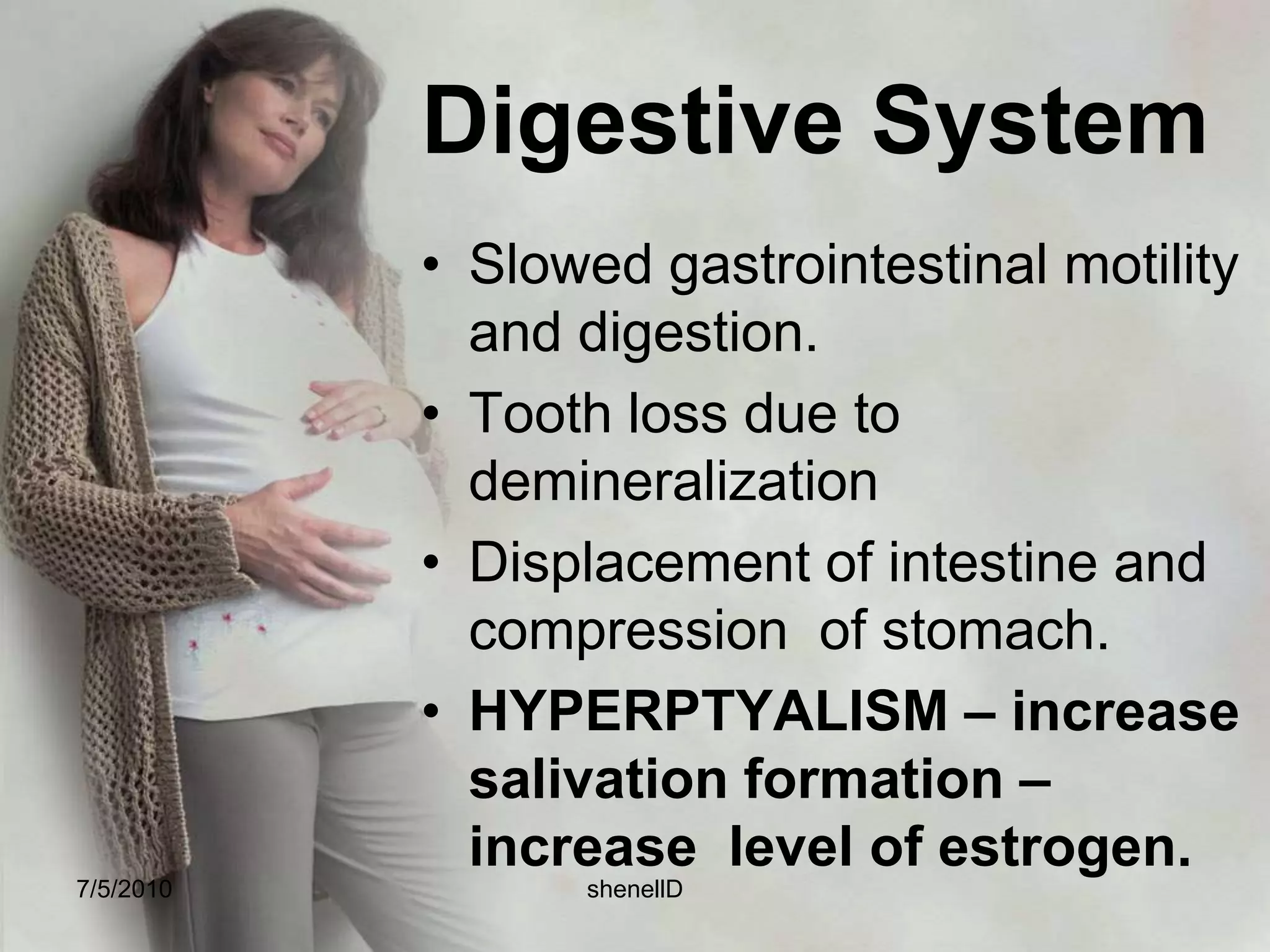 Cardiovascular System:Heart rate increase 10-15 beats/ minute.Blood pressure decrease slightly in the second trimester due to lowered peripheral resistance to circulation but rises in the third trimester. Cardiac output increase 20% -30% during first and second trimester to meet increase tissue demands7/4/2010shenellD