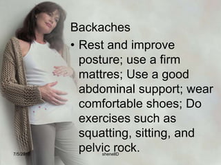Frequency of UrinationKegel’s exercise (alternately contracting and relaxing perineal muscles) helps to strength urinary control and decrease the possibility of stress incontinence and strength of perineal muscles for delivery7/4/2010shenellD
