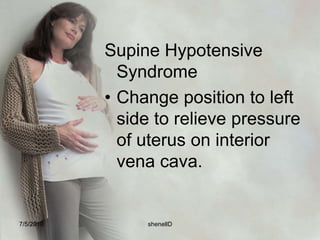 Backaches Rest and improve posture; use a firm mattres; Use a good abdominal support; wear comfortable shoes; Do exercises such as squatting, sitting, and pelvic rock.7/4/2010shenellD