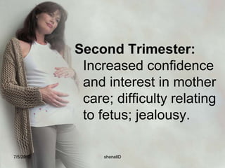 First Trimester: Initial ambivalence about pregnancy; pregnant woman places main focus upon self.Mother is self centered, baby is part of her.Grandparents are usually the first relatives to be told of pregnancy.  Accept the biological fact of pregnancy “I am pregnant”7/4/2010shenellD