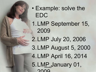 4th ManeuverPalpate to determine the fetal attitudePlace fingers on both sides of the uterus 2 inches above inguinal ligaments. Press downward and inwardThe fingers of one hand will slide along the uterine contour and meet no obstruction; this is the fetal neck.The other hand will meet an obstruction and inch or so above the ligament, this is the fetal brow.Leopold_final.flv7/4/2010shenellD