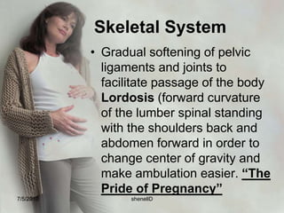 Common problems:1. Morning Sickness – nausea and vomiting early in the morning. HCG and progesterone begin  to rise. 2. Heartburn - Pyrosis- reflux of stomach content into esophagus due to displacement of  the stomach.- decrease gastric motility; relieved by eating small meals frequently and not lying down immediately after eating, to help prevent reflux.2. Pica	- eating non-food substance.	- abnormal craving for substance 	- The most common is craving for ice cube	- Often accompanies iron deficiency anemia	*Encourage to take iron supplements7/4/2010shenellD