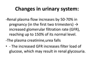 Changes in urinary system:
-Renal plasma flow increases by 50-70% in
pregnancy (in the first two trimesters) →
increased glomerular filtration rate (GFR),
reaching up to 150% of its normal level.
-The plasma creatinine,urea falls
• - The increased GFR increases filter load of
glucose, which may result in renal glycosuria.
 
