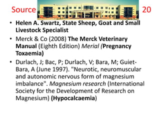 Source 20
• Helen A. Swartz, State Sheep, Goat and Small
Livestock Specialist
• Merck & Co (2008) The Merck Veterinary
Manual (Eighth Edition) Merial (Pregnancy
Toxaemia)
• Durlach, J; Bac, P; Durlach, V; Bara, M; Guiet-
Bara, A (June 1997). "Neurotic, neuromuscular
and autonomic nervous form of magnesium
imbalance". Magnesium research (International
Society for the Development of Research on
Magnesium) (Hypocalcaemia)
 