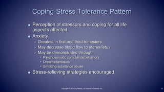 Perception of stressors and coping for all life
aspects affected
 Anxiety
 Greatest in first and third trimesters
 May decrease blood flow to uterus/fetus
 May be demonstrated through
• Psychosomatic complaints/behaviors
• Dreams/fantasies
• Smoking/substance abuse
 Stress-relieving strategies encouraged
Coping-Stress Tolerance Pattern
10Copyright © 2014 by Mosby, an imprint of Elsevier Inc.
 
