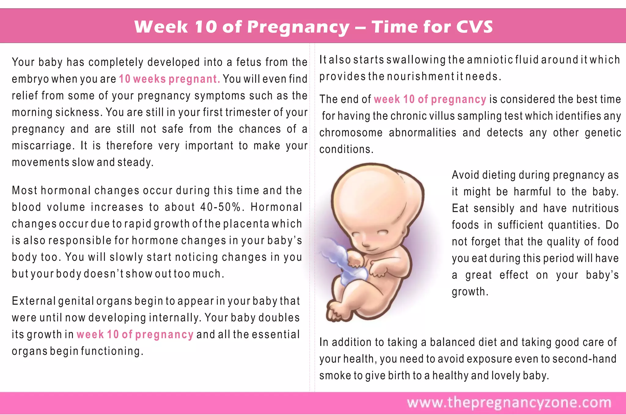 Week 10 of Pregnancy – Time for CVS
Your baby has completely developed into a fetus from the                                        It also starts swallowing the amniotic fluid around it which
embryo when you are 10 weeks pregnant. You will even find                                       provides the nourishment it needs.
relief from some of your pregnancy symptoms such as the                                         The end of week 10 of pregnancy is considered the best time
morning sickness. You are still in your first trimester of your                                 for having the chronic villus sampling test which identifies any
pregnancy and are still not safe from the chances of a                                          chromosome abnormalities and detects any other genetic
miscarriage. It is therefore very important to make your                                        conditions.
movements slow and steady.
                                                                                                                            Avoid dieting during pregnancy as
Most hormonal changes occur during this time and the                                                                        it might be harmful to the baby.
blood volume increases to about 40-50%. Hormonal                                                                            Eat sensibly and have nutritious
changes occur due to rapid growth of the placenta which                                                                     foods in sufficient quantities. Do
is also responsible for hormone changes in your baby’s                                                                      not forget that the quality of food
b o d y t o o . Yo u w i l l s l o w l y s t a r t n o t i c i n g c h a n g e s i n y o u                                  you eat during this period will have
but your body doesn’t show out too much.                                                                                    a great effect on your baby’s
                                                                                                                            growth.
External genital organs begin to appear in your baby that
w e r e u n t i l n o w d e v e l o p i n g i n t e r n a l l y. Yo u r b a b y d o u b l e s
its growth in week 10 of pregnancy and all the essential
                                                                                                In addition to taking a balanced diet and taking good care of
organs begin functioning.
                                                                                                your health, you need to avoid exposure even to second-hand
                                                                                                smoke to give birth to a healthy and lovely baby.
 
