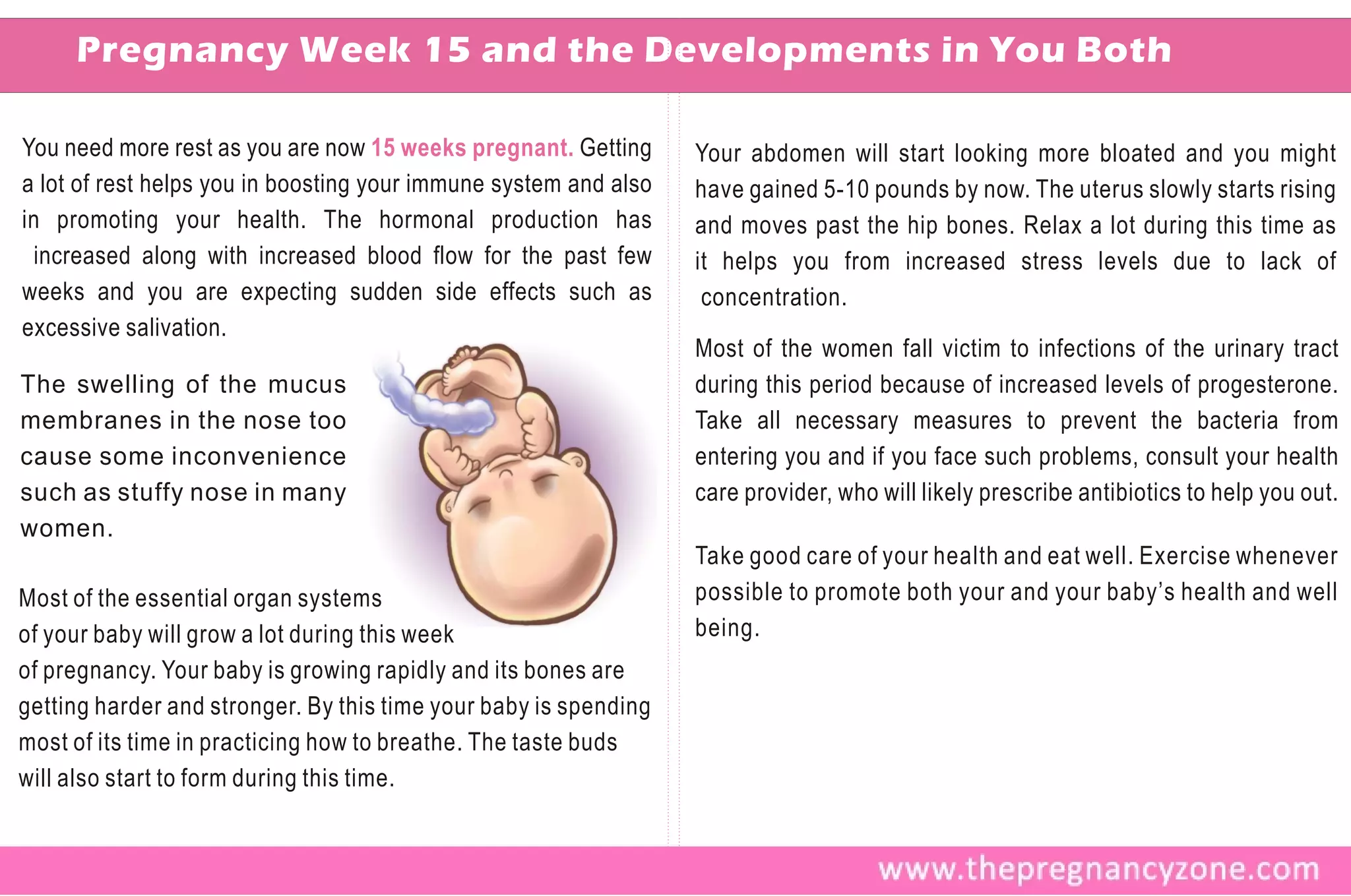 Pregnancy Week 15 and the Developments in You Both

You need more rest as you are now 15 weeks pregnant. Getting      Your abdomen will start looking more bloated and you might
a lot of rest helps you in boosting your immune system and also   have gained 5-10 pounds by now. The uterus slowly starts rising
in promoting your health. The hormonal production has             and moves past the hip bones. Relax a lot during this time as
  increased along with increased blood flow for the past few      it helps you from increased stress levels due to lack of
weeks and you are expecting sudden side effects such as            concentration.
excessive salivation.
                                                                  Most of the women fall victim to infections of the urinary tract
The swelling of the mucus                                         during this period because of increased levels of progesterone.
membranes in the nose too                                         Take all necessary measures to prevent the bacteria from
cause some inconvenience                                          entering you and if you face such problems, consult your health
such as stuffy nose in many                                       care provider, who will likely prescribe antibiotics to help you out.
women.
                                                                  Take good care of your health and eat well. Exercise whenever
Most of the essential organ systems                               possible to promote both your and your baby’s health and well
of your baby will grow a lot during this week                     being.
of pregnancy. Your baby is growing rapidly and its bones are
getting harder and stronger. By this time your baby is spending
most of its time in practicing how to breathe. The taste buds
will also start to form during this time.
 